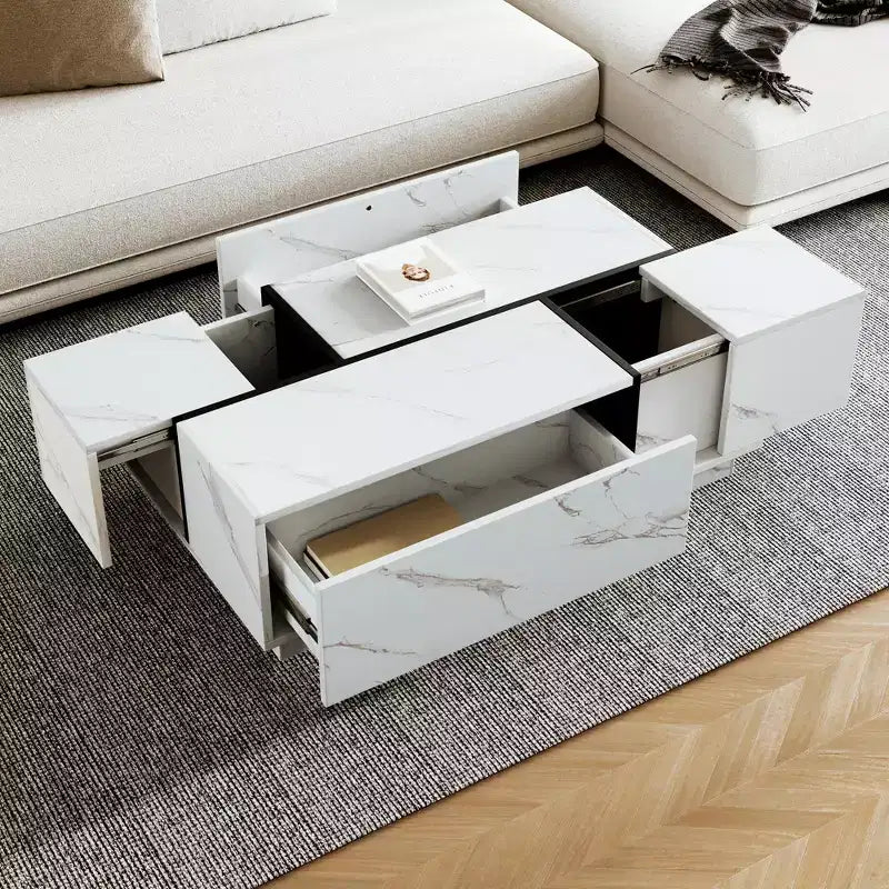Tavolino Rettangolare Noce/Bianco con Piano Scorrevole, 4 Cassetti e Vano Nascosto, Uso Singolo