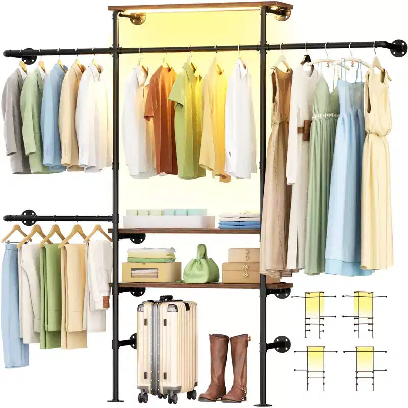 Appendiabiti da Parete Industriale con Mensole in Legno, 4 Barre – Nero / Marrone / Grigio Scuro / Bianco – 1–2 Persone