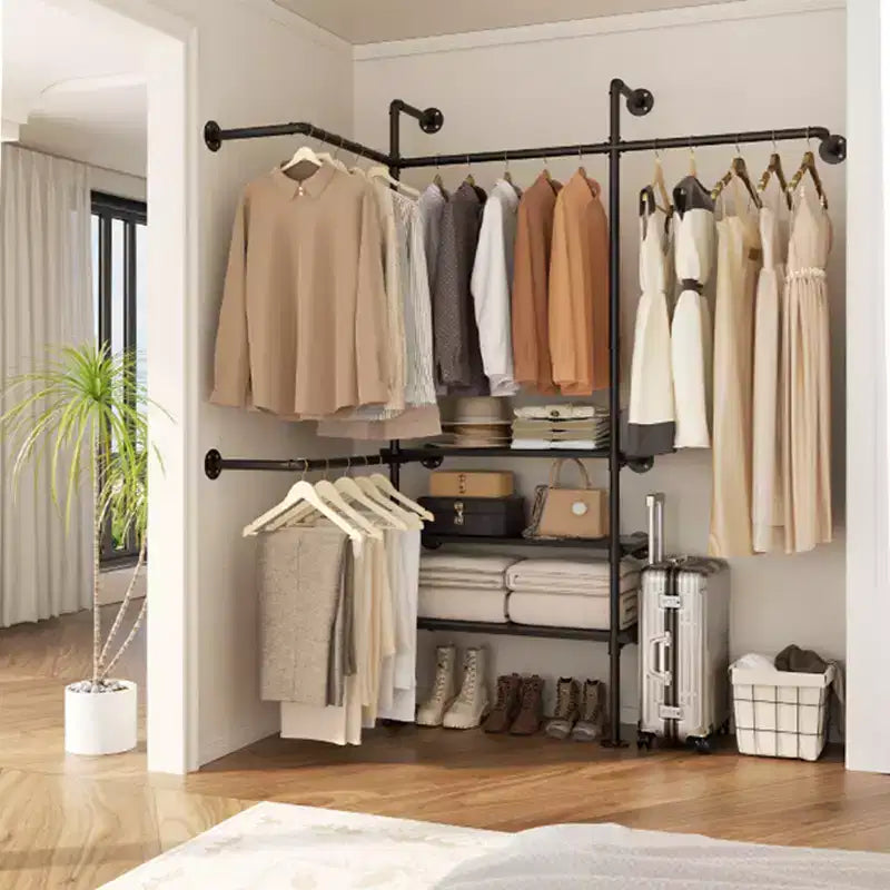 Appendiabiti da Parete Industriale con Mensole in Legno, 4 Barre – Nero / Marrone / Grigio Scuro / Bianco – 1–2 Persone
