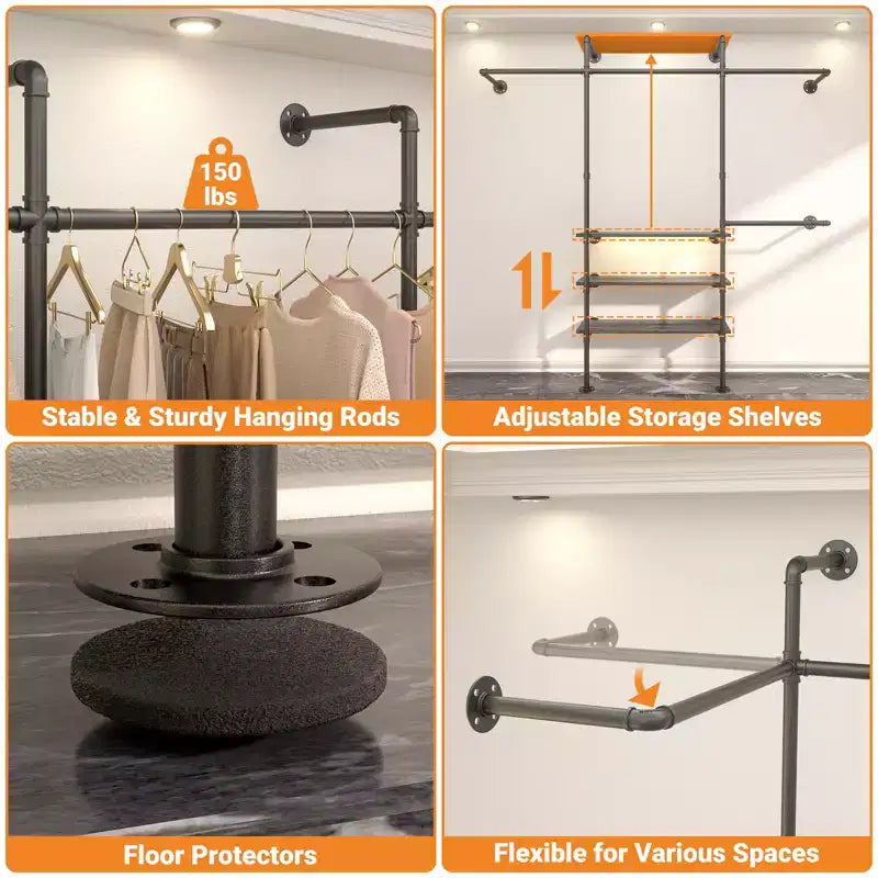 Appendiabiti da Parete Industriale con Mensole in Legno, 4 Barre – Nero / Marrone / Grigio Scuro / Bianco – 1–2 Persone