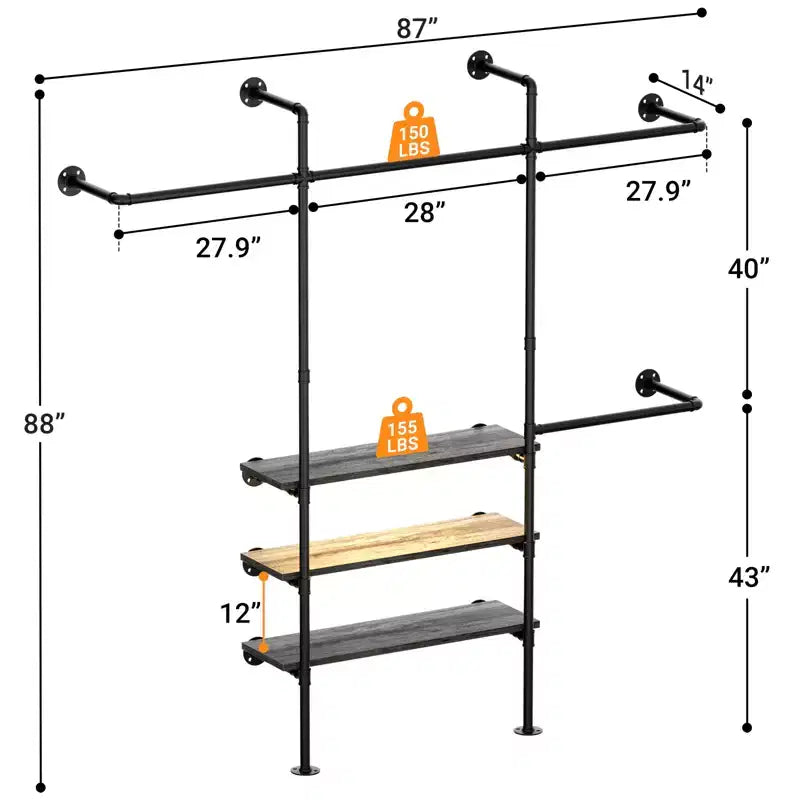 Appendiabiti da Parete Industriale con Mensole in Legno, 4 Barre – Nero / Marrone / Grigio Scuro / Bianco – 1–2 Persone