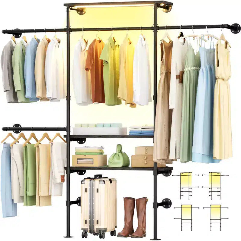 Appendiabiti da Parete Industriale con Mensole in Legno, 4 Barre – Nero / Marrone / Grigio Scuro / Bianco – 1–2 Persone