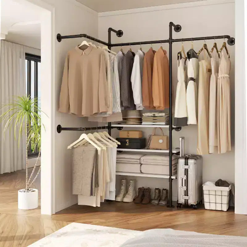 Appendiabiti da Parete Industriale con Mensole in Legno, 4 Barre – Nero / Marrone / Grigio Scuro / Bianco – 1–2 Persone