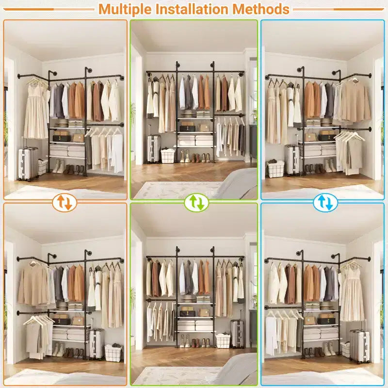 Appendiabiti da Parete Industriale con Mensole in Legno, 4 Barre – Nero / Marrone / Grigio Scuro / Bianco – 1–2 Persone