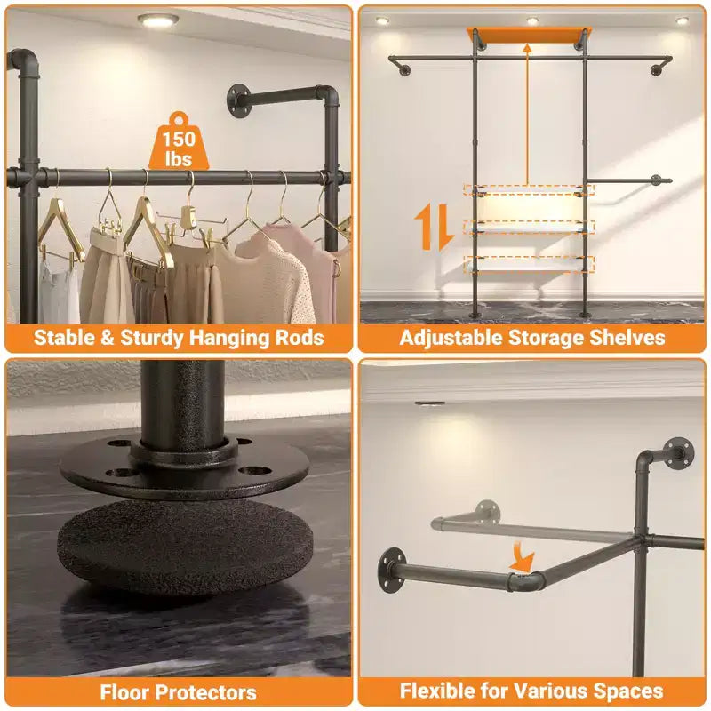 Appendiabiti da Parete Industriale con Mensole in Legno, 4 Barre – Nero / Marrone / Grigio Scuro / Bianco – 1–2 Persone