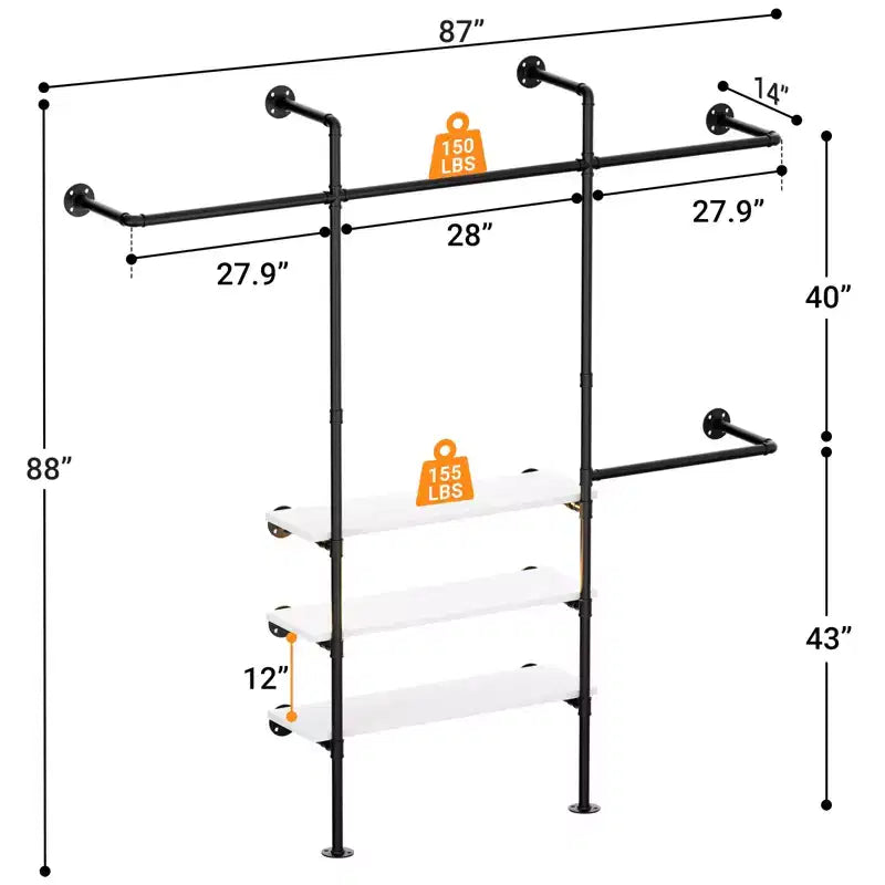 Appendiabiti da Parete Industriale con Mensole in Legno, 4 Barre – Nero / Marrone / Grigio Scuro / Bianco – 1–2 Persone