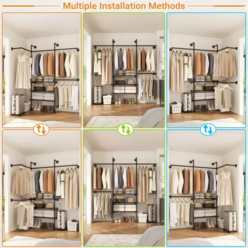 Appendiabiti da Parete Industriale con Mensole in Legno, 4 Barre – Nero / Marrone / Grigio Scuro / Bianco – 1–2 Persone