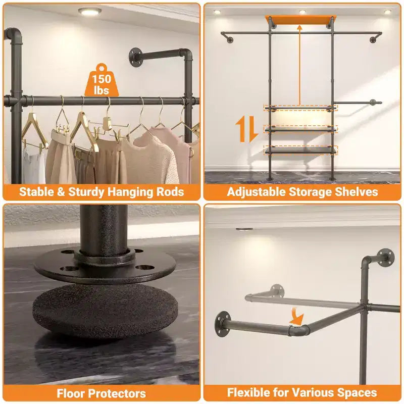 Appendiabiti da Parete Industriale con Mensole in Legno, 4 Barre – Nero / Marrone / Grigio Scuro / Bianco – 1–2 Persone