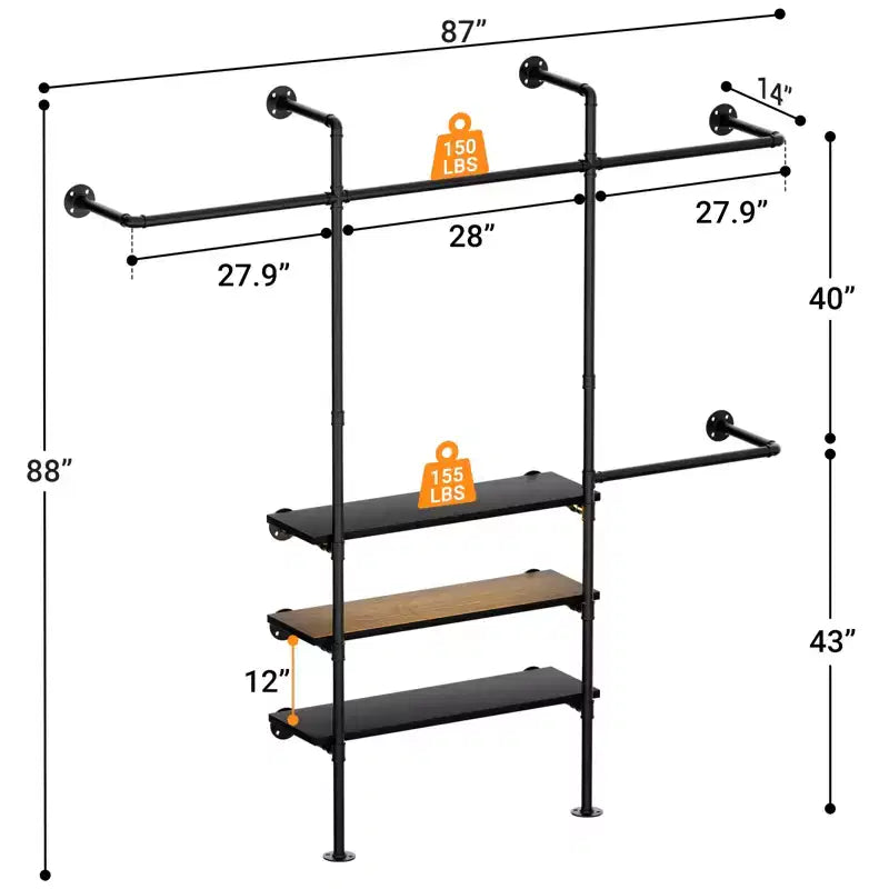 Appendiabiti da Parete Industriale con Mensole in Legno, 4 Barre – Nero / Marrone / Grigio Scuro / Bianco – 1–2 Persone
