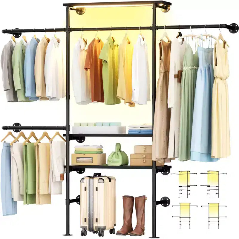 Appendiabiti da Parete Industriale con Mensole in Legno, 4 Barre – Nero / Marrone / Grigio Scuro / Bianco – 1–2 Persone