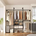 Besiost 87-In Wall-mounted Pipe Garment Rack with Wood Shelves, Heavy-duty Closet Organizer System with 4 Hanging Rods