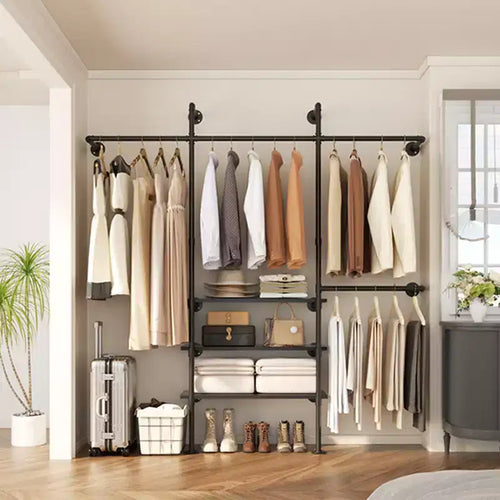 Besiost 87-In Wall-mounted Pipe Garment Rack with Wood Shelves, Heavy-duty Closet Organizer System with 4 Hanging Rods