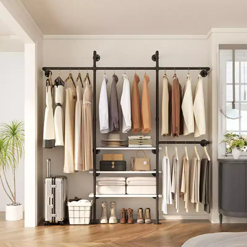 Appendiabiti da Parete Industriale con Mensole in Legno, 4 Barre – Nero / Marrone / Grigio Scuro / Bianco – 1–2 Persone