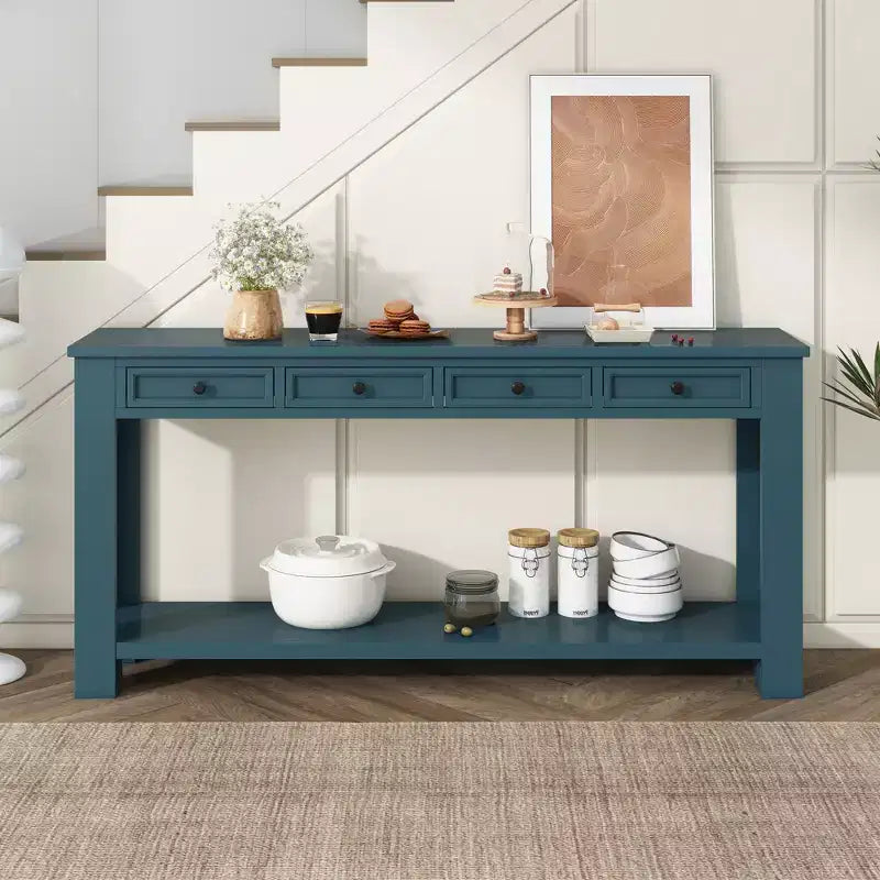 Blu Scuro / Espresso / Grigio Lavato / Blu Navy / Marrone Chiaro – Tavolino Consolle Stretto, Stile Retrò Invecchiato, 4 Cassetti e Ripiano, 1 Pezzo