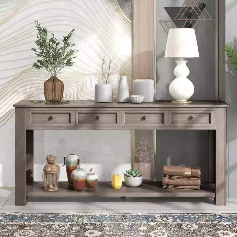 Blu Scuro / Espresso / Grigio Lavato / Blu Navy / Marrone Chiaro – Tavolino Consolle Stretto, Stile Retrò Invecchiato, 4 Cassetti e Ripiano, 1 Pezzo