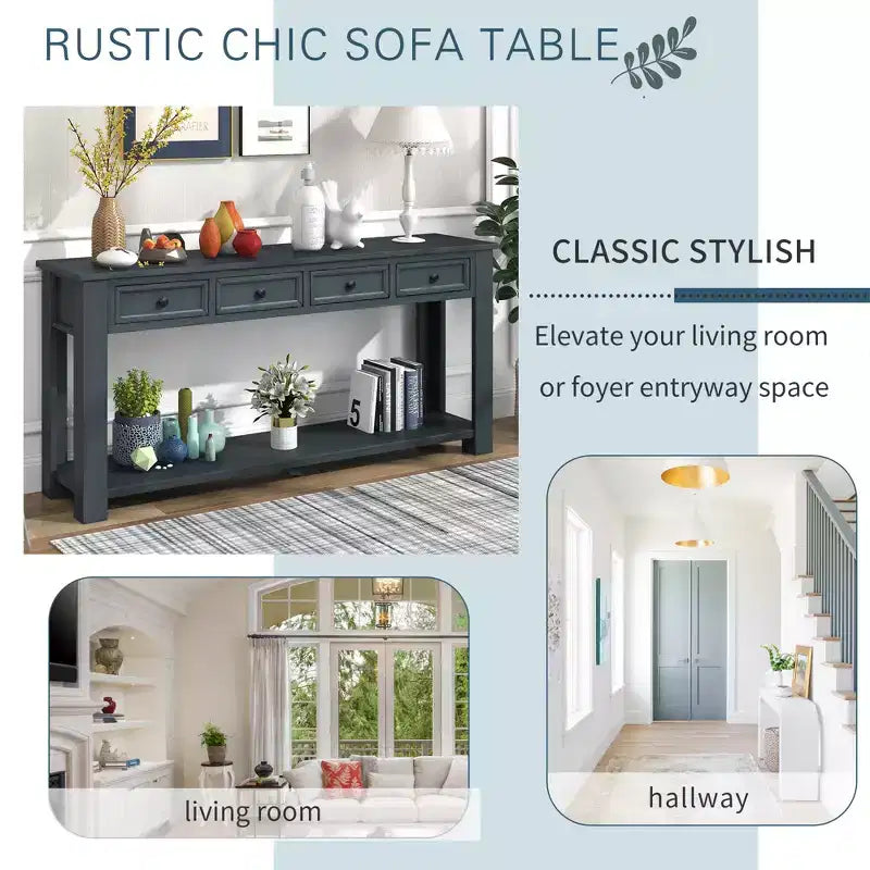 Blu Scuro / Espresso / Grigio Lavato / Blu Navy / Marrone Chiaro – Tavolino Consolle Stretto, Stile Retrò Invecchiato, 4 Cassetti e Ripiano, 1 Pezzo