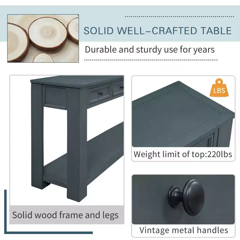 Blu Scuro / Espresso / Grigio Lavato / Blu Navy / Marrone Chiaro – Tavolino Consolle Stretto, Stile Retrò Invecchiato, 4 Cassetti e Ripiano, 1 Pezzo
