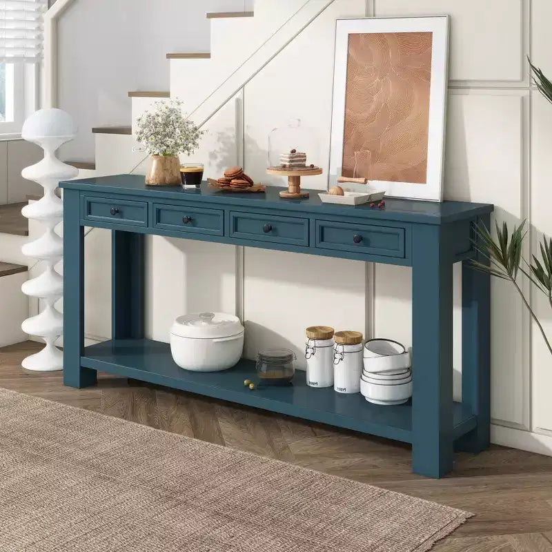 Blu Scuro / Espresso / Grigio Lavato / Blu Navy / Marrone Chiaro – Tavolino Consolle Stretto, Stile Retrò Invecchiato, 4 Cassetti e Ripiano, 1 Pezzo