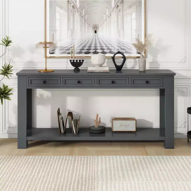Blu Scuro / Espresso / Grigio Lavato / Blu Navy / Marrone Chiaro – Tavolino Consolle Stretto, Stile Retrò Invecchiato, 4 Cassetti e Ripiano, 1 Pezzo