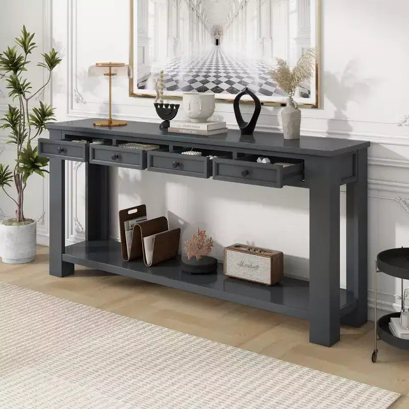 Blu Scuro / Espresso / Grigio Lavato / Blu Navy / Marrone Chiaro – Tavolino Consolle Stretto, Stile Retrò Invecchiato, 4 Cassetti e Ripiano, 1 Pezzo