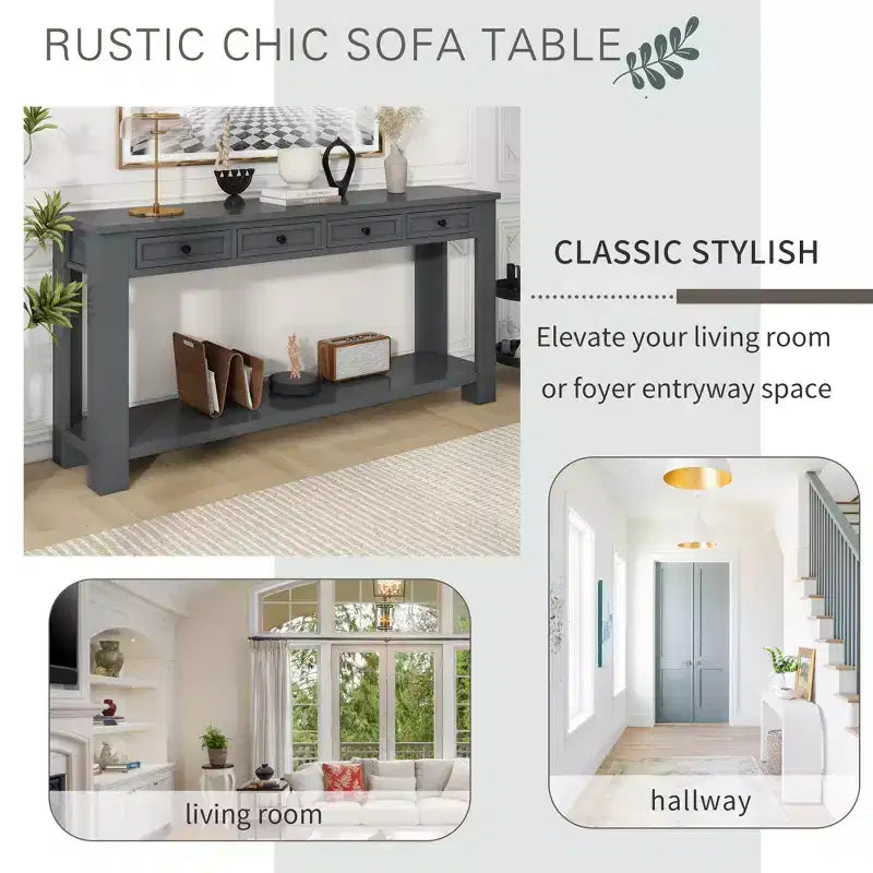 Blu Scuro / Espresso / Grigio Lavato / Blu Navy / Marrone Chiaro – Tavolino Consolle Stretto, Stile Retrò Invecchiato, 4 Cassetti e Ripiano, 1 Pezzo
