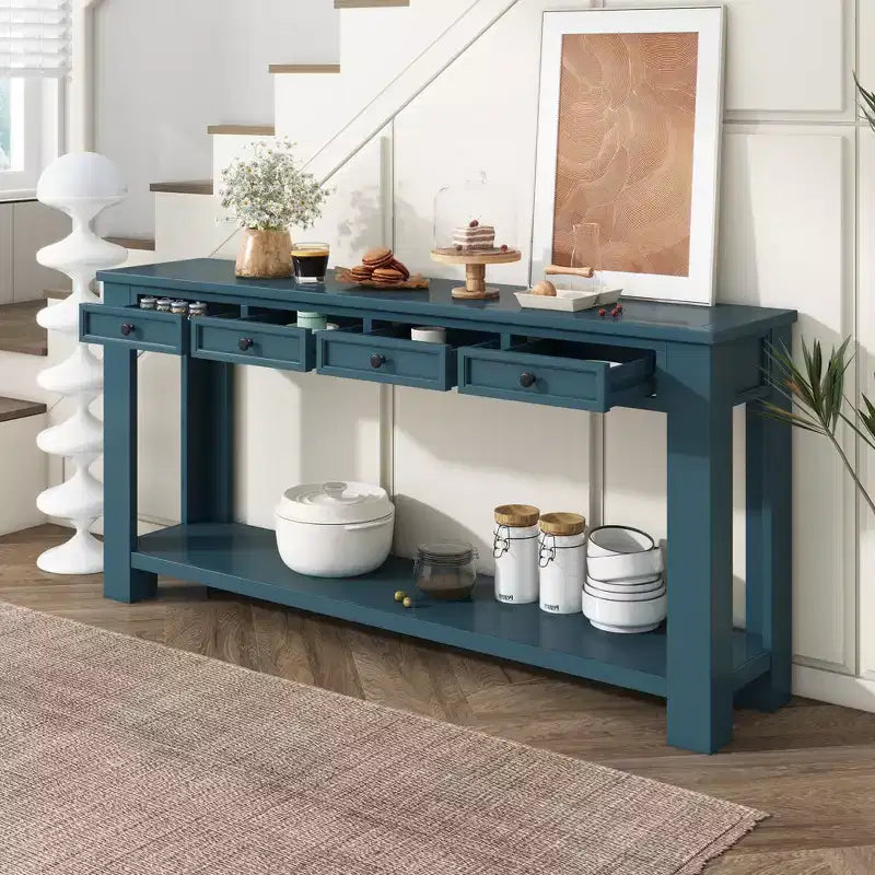 Blu Scuro / Espresso / Grigio Lavato / Blu Navy / Marrone Chiaro – Tavolino Consolle Stretto, Stile Retrò Invecchiato, 4 Cassetti e Ripiano, 1 Pezzo