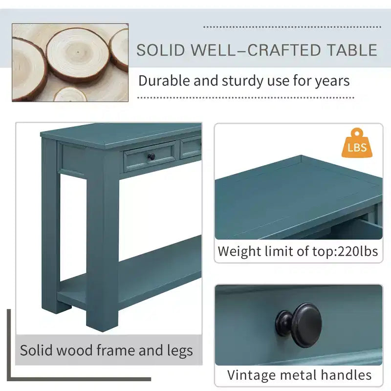 Blu Scuro / Espresso / Grigio Lavato / Blu Navy / Marrone Chiaro – Tavolino Consolle Stretto, Stile Retrò Invecchiato, 4 Cassetti e Ripiano, 1 Pezzo