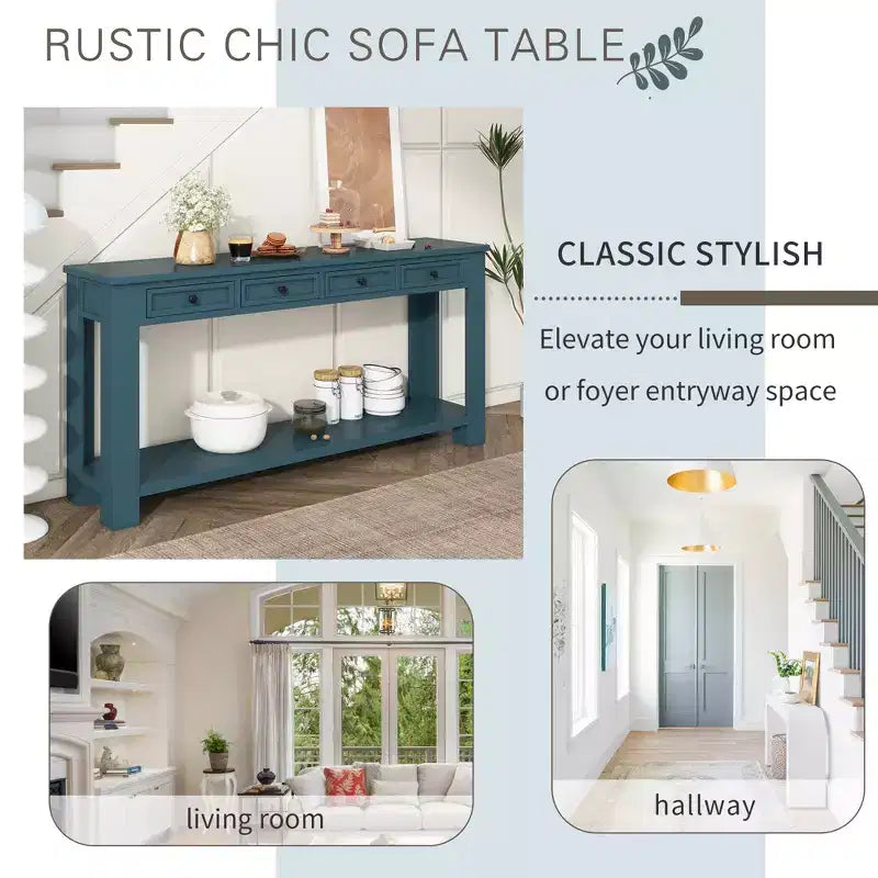 Blu Scuro / Espresso / Grigio Lavato / Blu Navy / Marrone Chiaro – Tavolino Consolle Stretto, Stile Retrò Invecchiato, 4 Cassetti e Ripiano, 1 Pezzo