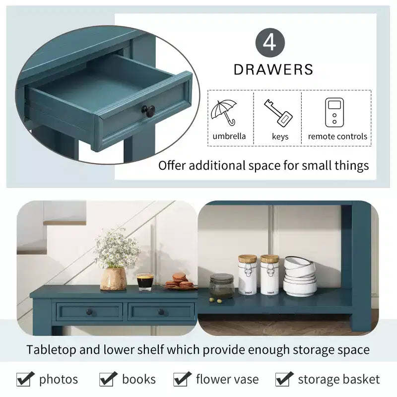Blu Scuro / Espresso / Grigio Lavato / Blu Navy / Marrone Chiaro – Tavolino Consolle Stretto, Stile Retrò Invecchiato, 4 Cassetti e Ripiano, 1 Pezzo