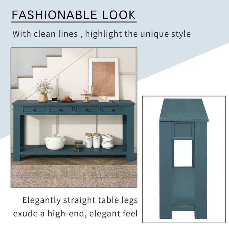 Blu Scuro / Espresso / Grigio Lavato / Blu Navy / Marrone Chiaro – Tavolino Consolle Stretto, Stile Retrò Invecchiato, 4 Cassetti e Ripiano, 1 Pezzo