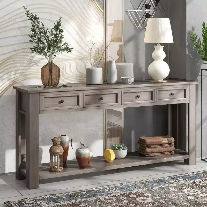 Blu Scuro / Espresso / Grigio Lavato / Blu Navy / Marrone Chiaro – Tavolino Consolle Stretto, Stile Retrò Invecchiato, 4 Cassetti e Ripiano, 1 Pezzo