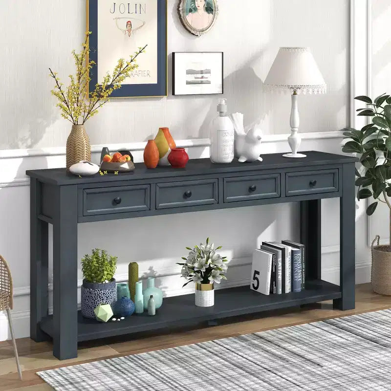 Blu Scuro / Espresso / Grigio Lavato / Blu Navy / Marrone Chiaro – Tavolino Consolle Stretto, Stile Retrò Invecchiato, 4 Cassetti e Ripiano, 1 Pezzo