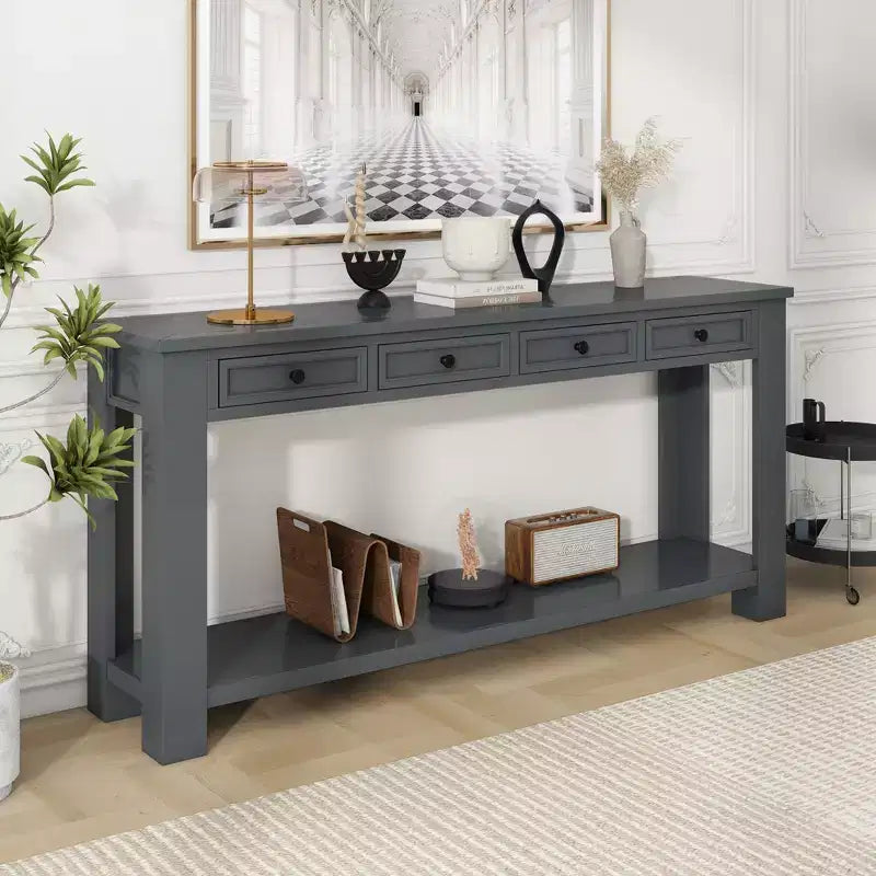 Blu Scuro / Espresso / Grigio Lavato / Blu Navy / Marrone Chiaro – Tavolino Consolle Stretto, Stile Retrò Invecchiato, 4 Cassetti e Ripiano, 1 Pezzo