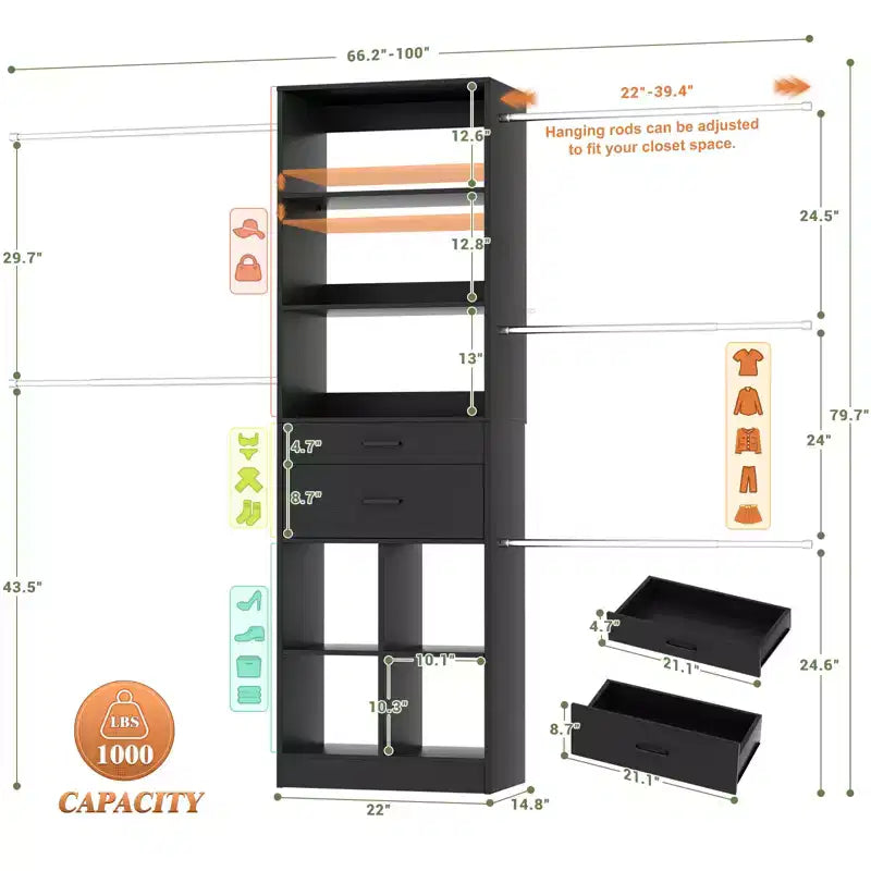 Organizzatore per armadio regolabile Beige / Nero / Ciano / Bianco, 240 cm, 1 persona