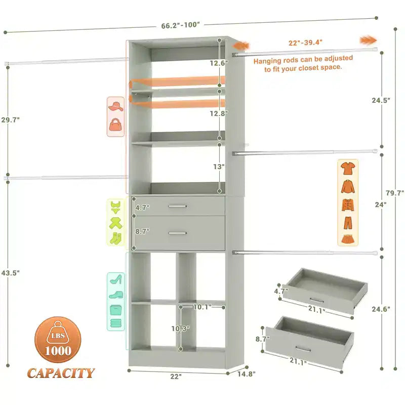 Organizzatore per armadio regolabile Beige / Nero / Ciano / Bianco, 240 cm, 1 persona