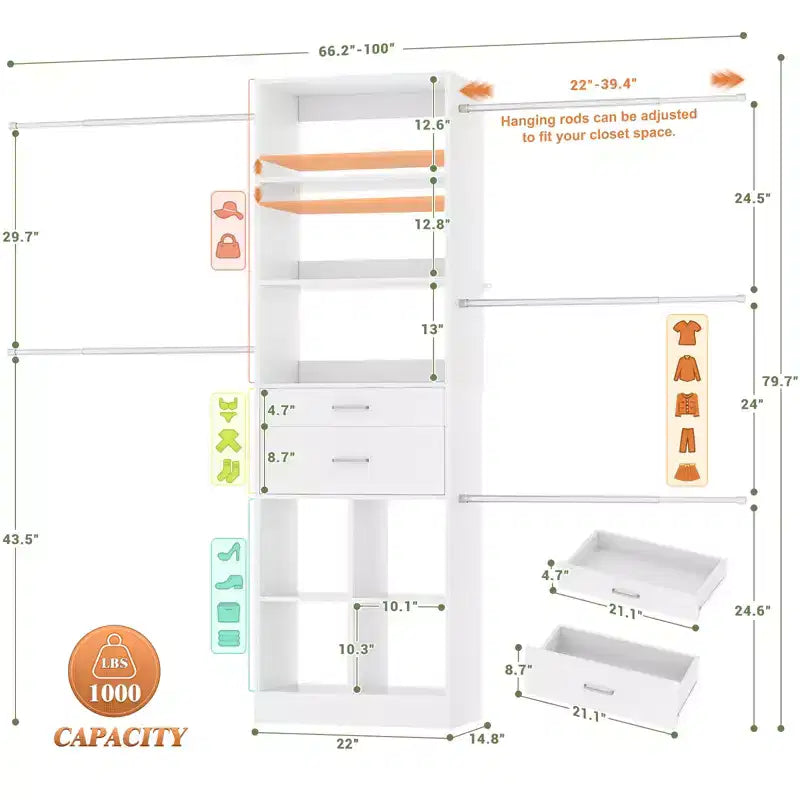 Organizzatore per armadio regolabile Beige / Nero / Ciano / Bianco, 240 cm, 1 persona