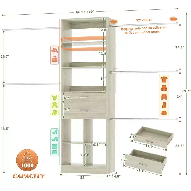 Organizzatore per armadio regolabile Beige / Nero / Ciano / Bianco, 240 cm, 1 persona
