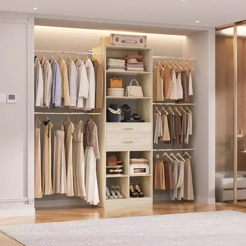 Besiost 8FT Closet Organizer with Wood Drawers and Cubbies, Adjustable Closet System with 5 Hanging Rods