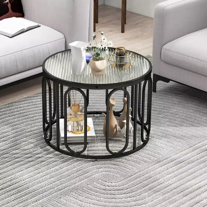 Tavolino da caffè rotondo Black & Gold a 2 livelli da 60 cm con staffe girevoli, vetro temperato scanalato