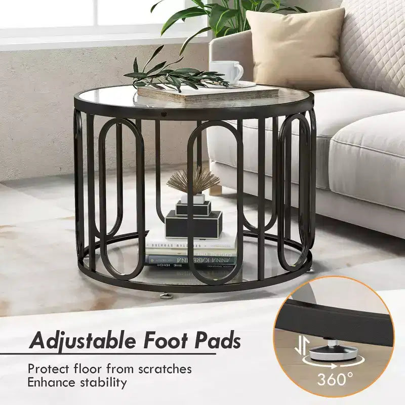 Tavolino da caffè rotondo Black & Gold a 2 livelli da 60 cm con staffe girevoli, vetro temperato scanalato