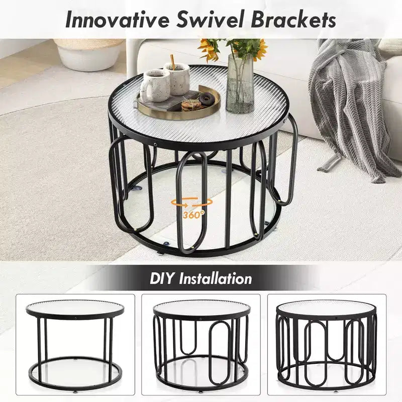 Tavolino da caffè rotondo Black & Gold a 2 livelli da 60 cm con staffe girevoli, vetro temperato scanalato