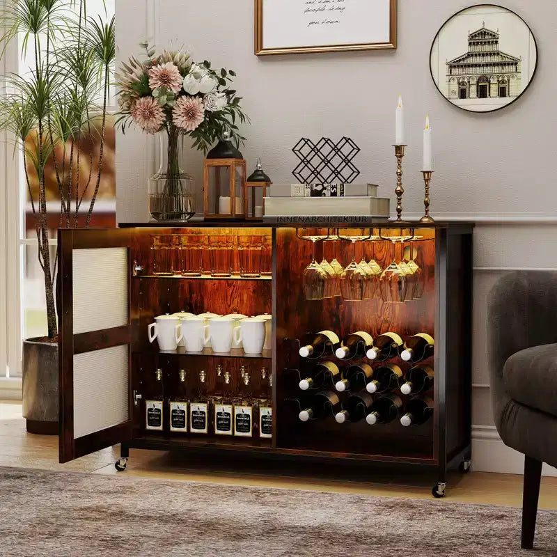 Mobile bar marrone rustico con luci LED RGB e ruote, contiene 15 bicchieri e 12 bottiglie