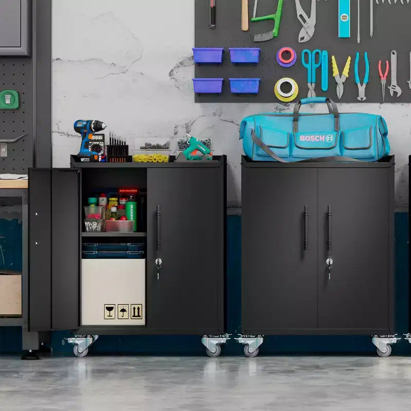Armadietto mobile con serratura a 2 ante, nero, con ruote, monoposto, capacità 163 kg