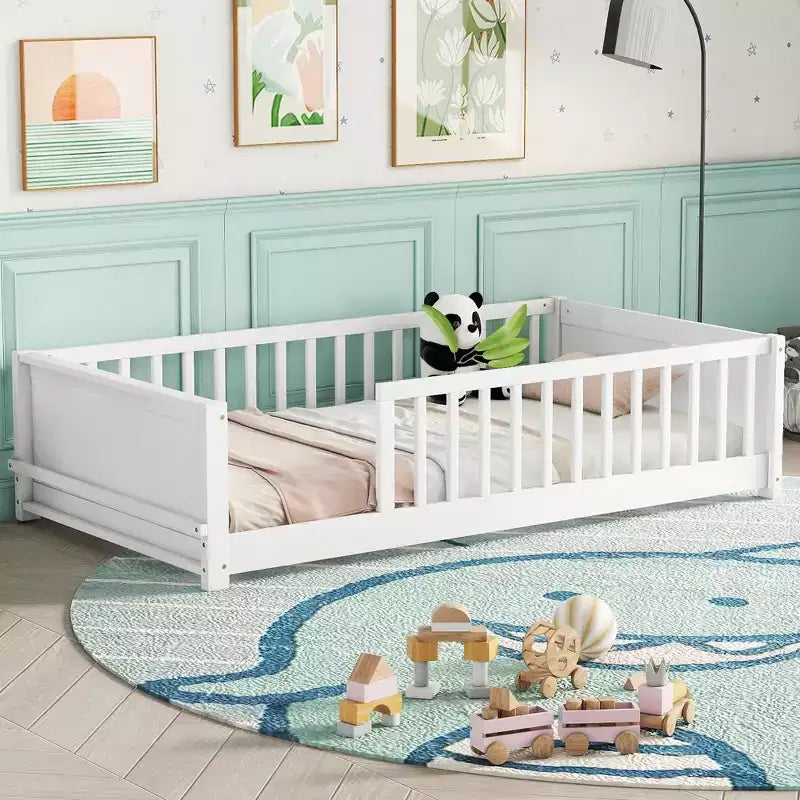 Testiera a forma di casa con sponde di protezione, da appoggiare a terra, colore grigio/naturale/bianco - Full Size, 1 bambino