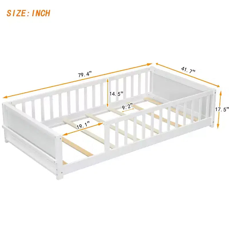 Testiera a forma di casa con sponde di protezione, da appoggiare a terra, colore grigio/naturale/bianco - Full Size, 1 bambino