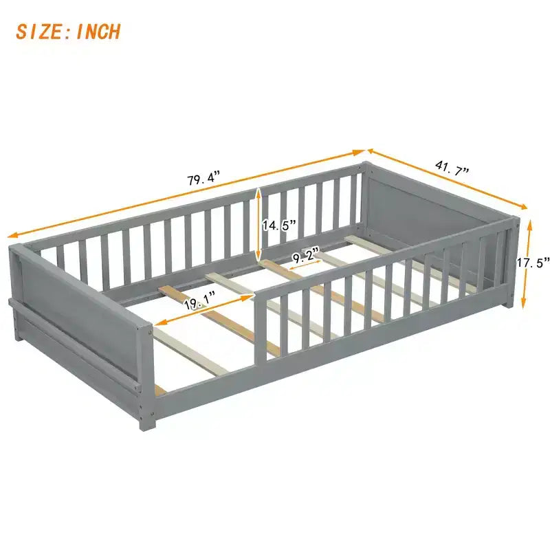 Testiera a forma di casa con sponde di protezione, da appoggiare a terra, colore grigio/naturale/bianco - Full Size, 1 bambino