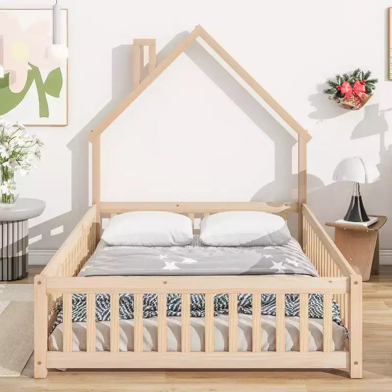 Testiera a forma di casa con sponde di protezione, da appoggiare a terra, colore grigio/naturale/bianco - Full Size, 1 bambino