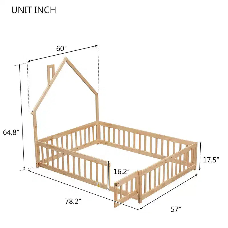 Testiera a forma di casa con sponde di protezione, da appoggiare a terra, colore grigio/naturale/bianco - Full Size, 1 bambino