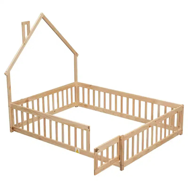 Testiera a forma di casa con sponde di protezione, da appoggiare a terra, colore grigio/naturale/bianco - Full Size, 1 bambino