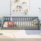 TUYOHW Full Size Toddler Floor Bed with House-Shaped Headboard and Fence,Modern Montessori Bed with Guardrails for Bedroom